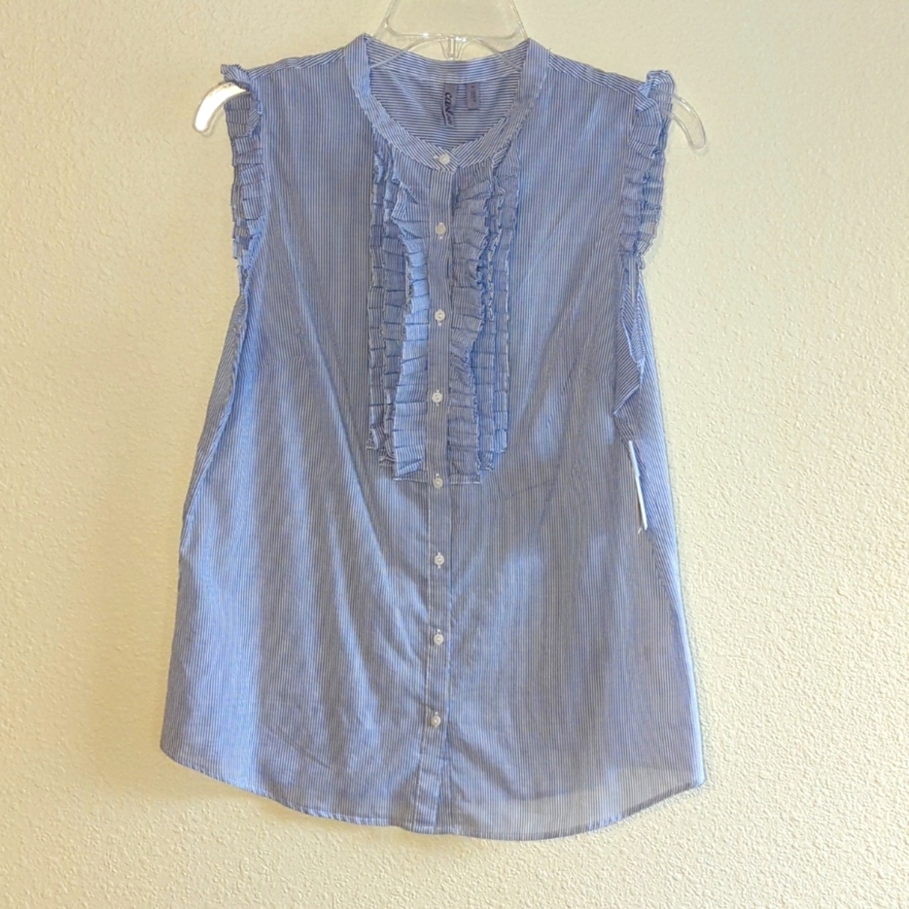 New with Tag - Blue Jean Stripe Sleeveless Dress Shirt with Ruffle Shirt…